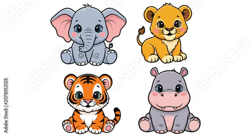 Slika na platnu Cute Cartoon Baby Animals in a Colorful Grid Arrangement.