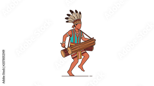 Tableau sur toile Indigenous Man Dancing with Traditional Drum, Tribal Warrior Costume, Feather He