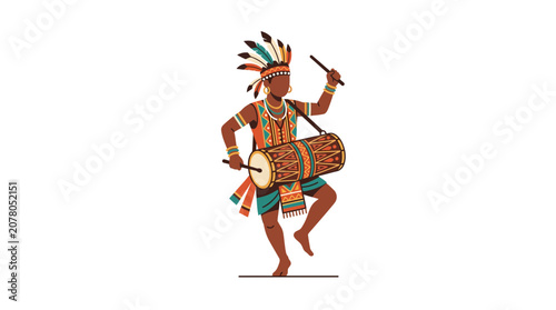 Tableau sur toile Indigenous Man Playing Drum in Traditional Costume, Celebration Dance