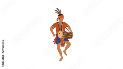 Bild auf Leinwand Indigenous Man Playing Drum in Traditional Costume, Cultural Dance Celebration