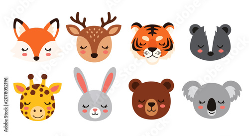 Canvas Print Cartoon Animal Heads Collection of Forest Creatures with Closed Eyes