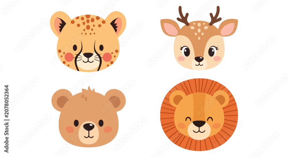 Fototapeta premium Cute Cartoon Animal Faces Leopard Deer Bear Lion Flat Design Illustration.