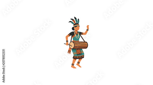 Cuadro en lienzo Indigenous Woman Dancing with Drum, Traditional Costume, Tribal Celebration