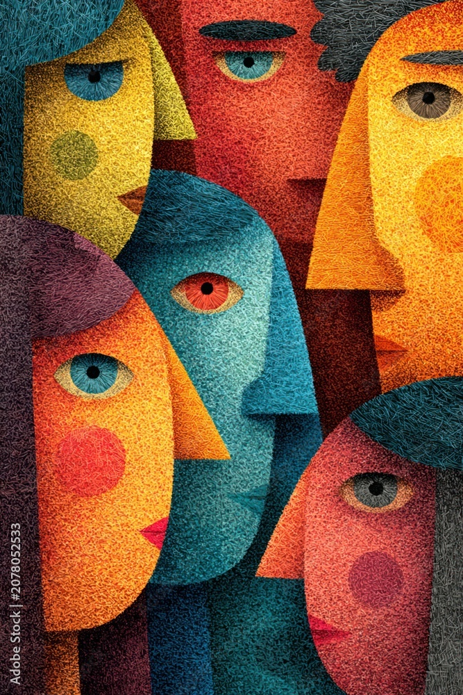 Obraz premium Multicultural, peaceful, and diverse unity celebration art with inclusive faces and equality symbols for Human Rights Day