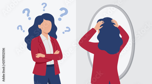 Konstfotografi Woman with question marks contemplating self-identity in mirror