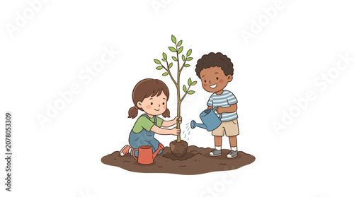 Children planting a tree together watering and caring for nature