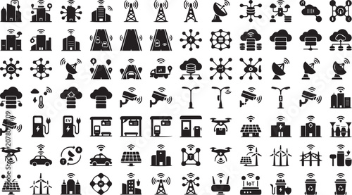 Set of 100 Smart City Internet of Things IoT Vector Icons isolated PNG with Transparent Background