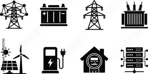 Electric power grid and renewable green energy infrastructure vector icon set for smart utilitiesElectric power grid and renewable green energy infrastructure vector icon set for smart utilities