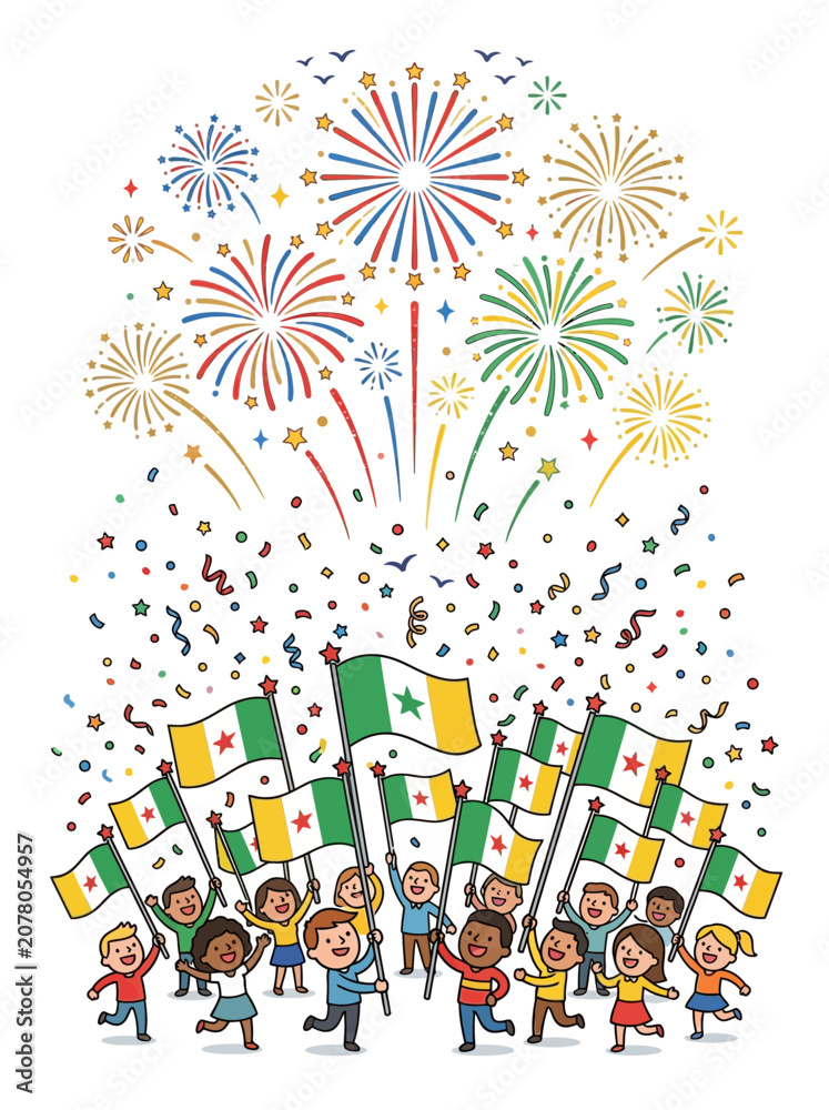 Fototapeta premium Children celebrating with flags and fireworks