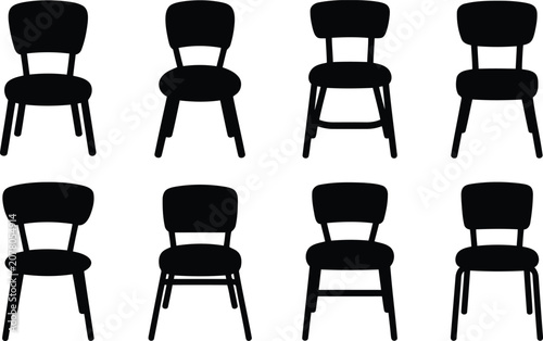 Billede på lærred Set of eight black chair silhouettes isolated on a plain surface for interior de