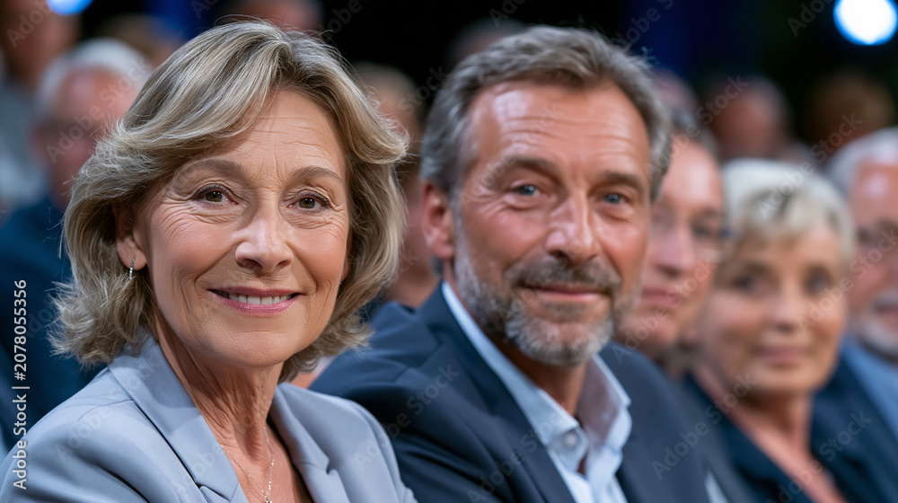 Fototapeta premium Lächelnde Frau und Mann sitzen nebeneinander im Publikum einer Veranstaltung