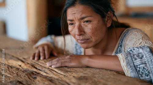 Peruvian woman in her thirties touching a weathered wooden kitchen table she brought from her hometown, eyes welling, diaspora object, immigrant comfort item, homesickness