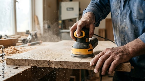 Close up of a carpenter using a power sander to smooth a wooden surface in a workshop with carpentry woodworking carpenter workshop