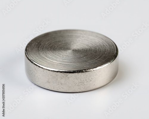 Circular metallic magnet against plain white background.