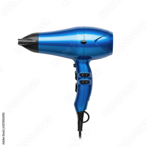 Blue hair dryer with black handle and cord
