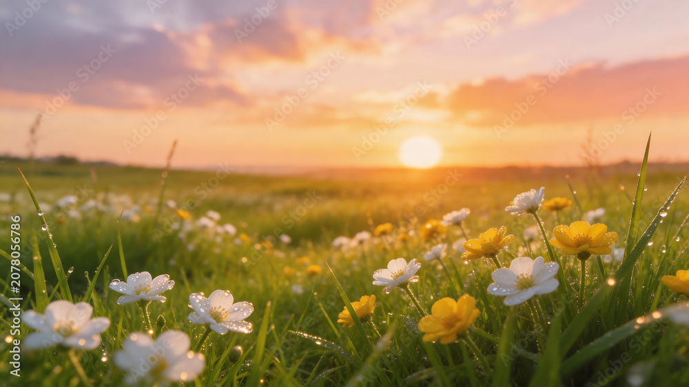 Fototapeta premium Sunset field with flowers and dew