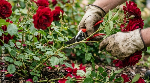 Gardener pruning red rose bush with hand secateurs in garden gardening gardener secateurs horticulture maintenance outdoors blooming