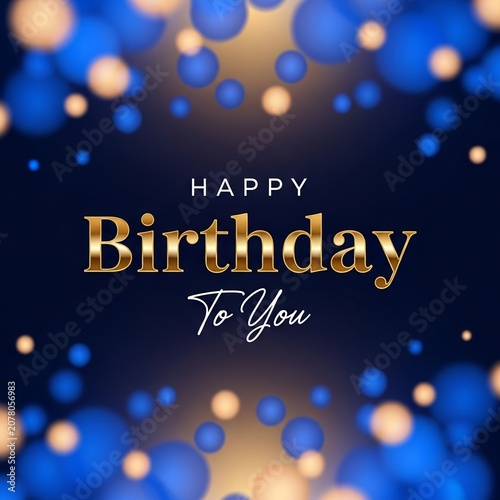 Golden Happy Birthday Greeting Text on Blue Bokeh Background with Sparkling Festive Celebration Elements