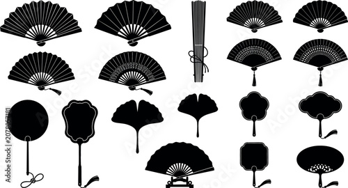 Traditional oriental hand fan silhouettes vector set featuring vintage Japanese folding fans Chinese uchiwa sensu and ginkgo leaf shaped elements