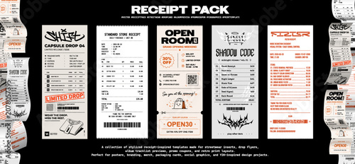 Different receipt templates - promo coupons, streetwear drop cards, , music album tracklist, branding insert, retro print flyer, packaging card. Streetwear receipts mockup in y2k style. Vector graphic