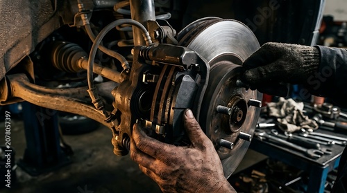 Mechanic performing brake disc and pad maintenance in workshop with mechanic workshop maintenance automotive technical professional