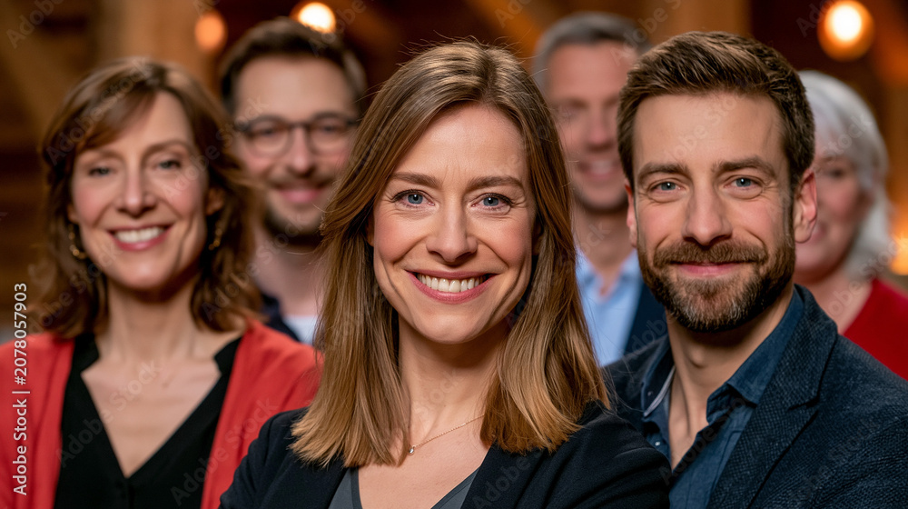 Fototapeta premium Fünf lächelnde Personen stehen als Gruppe eng zusammen in Innenraum