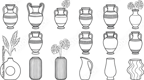 Bild auf Leinwand Ancient Greek amphora and modern vase line icons vector set featuring antique po