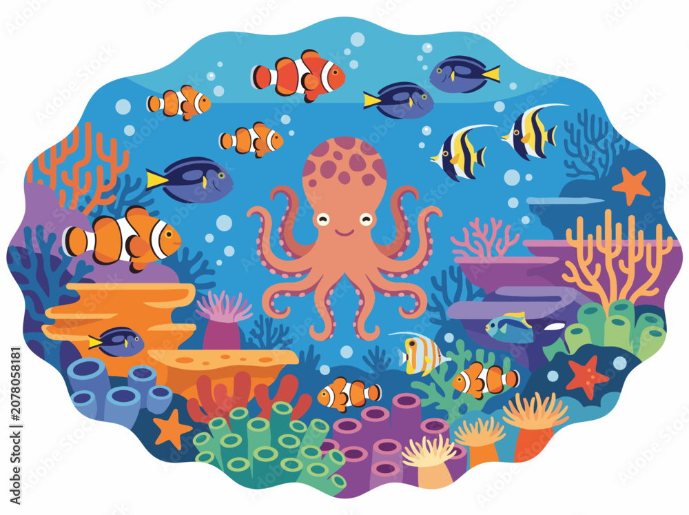 Obraz premium An enchanting underwater illustration featuring a lively octopus surrounded by colorful fish and vibrant coral, celebrating marine life and the beauty of ocean ecosystems.