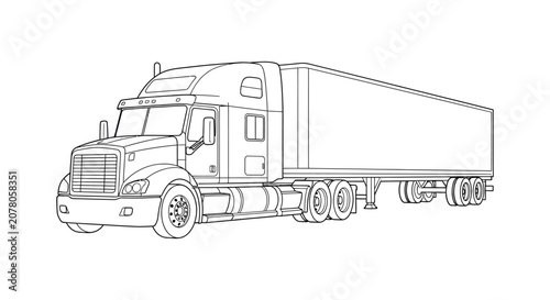 Tableau sur toile Semi truck Line Drawing On White Background