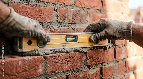 Bricklayer using a spirit level tool to check alignment of newly laid red bricks on wall with bricklayer construction building alignment