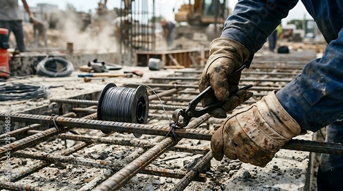 Construction worker hands tying metal rebar with wire pliers on concrete foundation site construction concrete foundation reinforcement