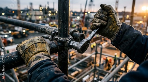 Industrial worker using ratchet wrench on scaffolding at refinery with scaffolding industrial refinery construction maintenance