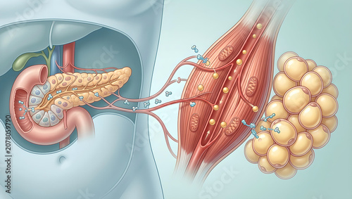 Pancreatic insulin guiding energy into muscle and fat cells for balanced body metabolism
