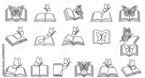 Photos One Line Butterfly and Open Book Continuous Line Art Vector Collection