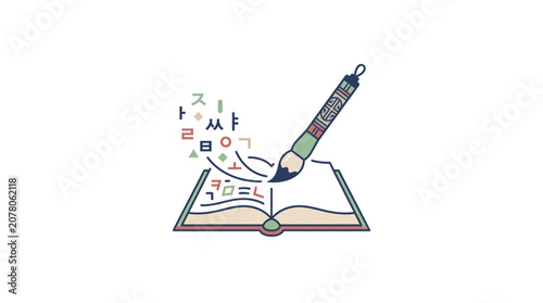 Cuadro en lienzo Korean Alphabet Learning: Brush Writing Characters from Open Book