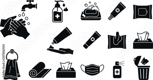 Canvastavla Hygiene and personal care solid icons vector set featuring hand washing liquid s