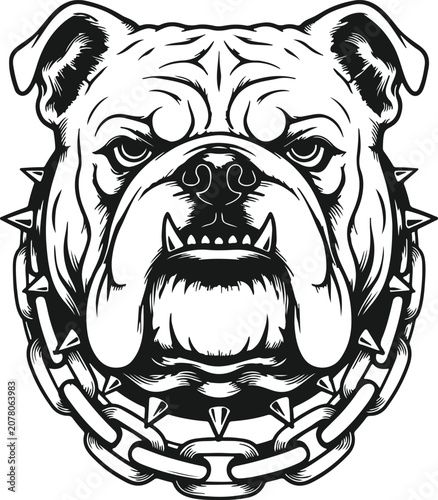 Canvas Print Tough Bulldog Illustration: A striking, stylized illustration of a bulldog's face, adorned with a heavy chain and spikes, conveying a sense of power and intimidation