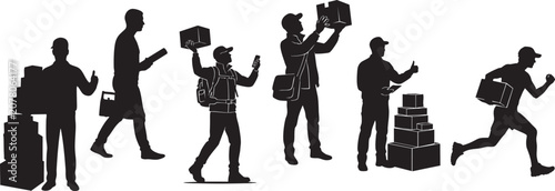 Slika na platnu Silhouettes of delivery personnel carrying boxes and using mobile devices agains