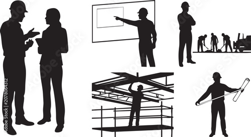 Foto Construction worker silhouettes depicting various tasks on a white background a