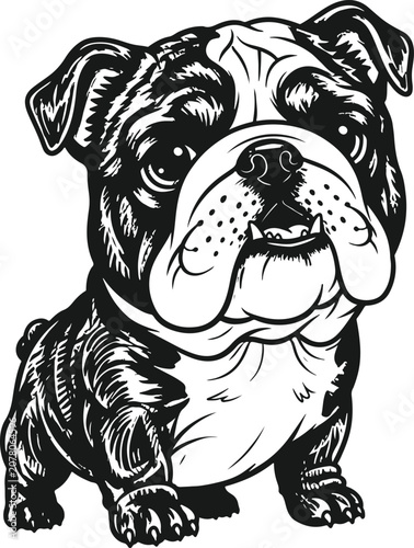Fotografi Bulldog Portrait: A charming illustration of a bulldog, captured in a classic pose, showcasing its distinctive wrinkled face and stocky build