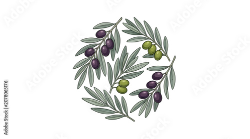 Fotografía Olive Branches with Green and Black Olives in Circular Arrangement