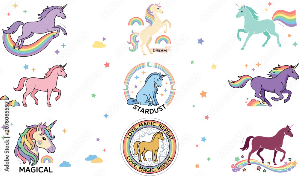 Fototapeta premium Cute magical unicorn character collection set with rainbows stars clouds and fantasy fairytale emblems cartoon vector illustration clip art