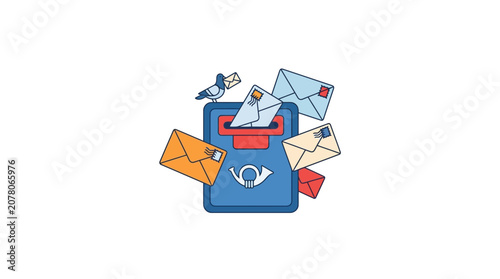 Canvastavla Mailbox overflowing with letters, pigeon delivering mail, communication concept