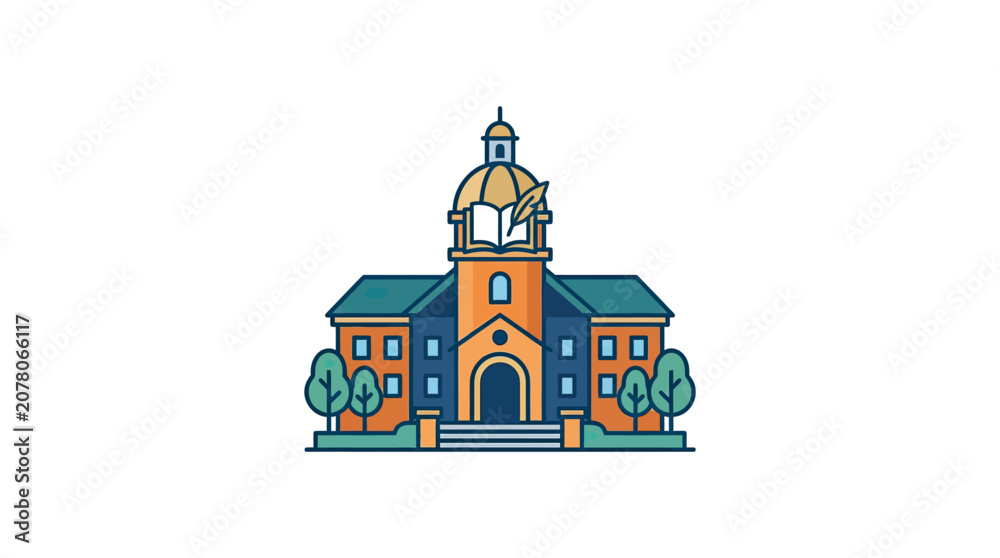 Naklejka premium Flat Vector Illustration of a University Building with Book and Quill Icon