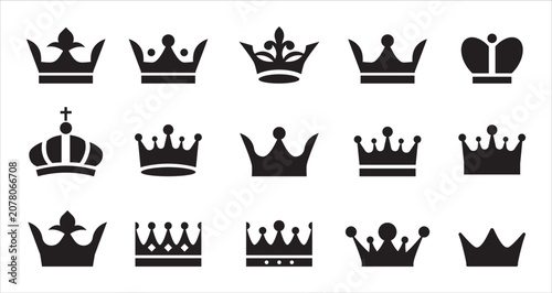Luxury royal crowns vector set. Minimalist imperial tiaras and heraldic shields icons for logo design, certificates, and premium branding.