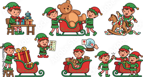 Obraz na plátně Cute Christmas elves cartoon character set with Santa helpers packing toys loadi