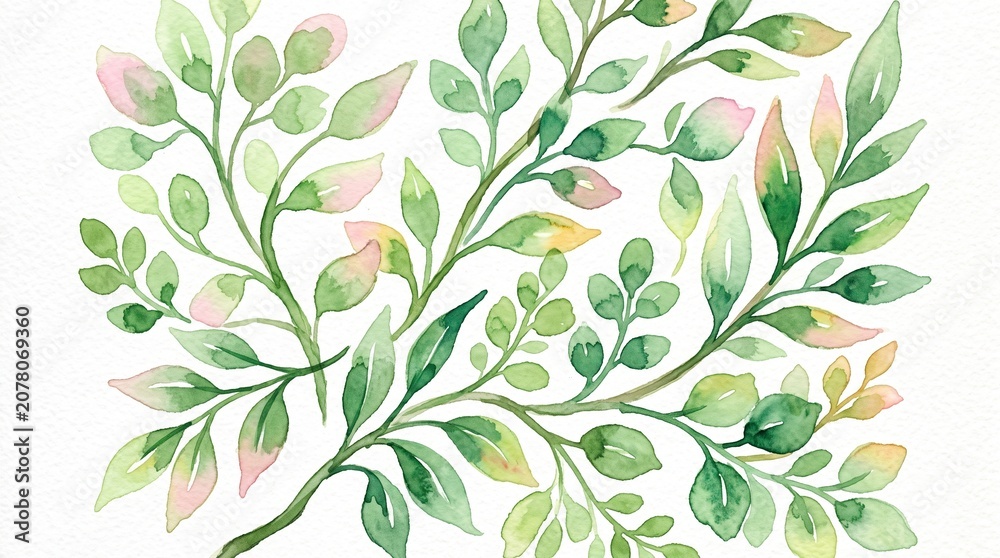 Fototapeta premium A delicate floral arrangement of green leaves and pink petals on branches