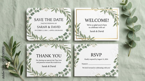 Wedding invitation cards with greenery on a table welcome guests