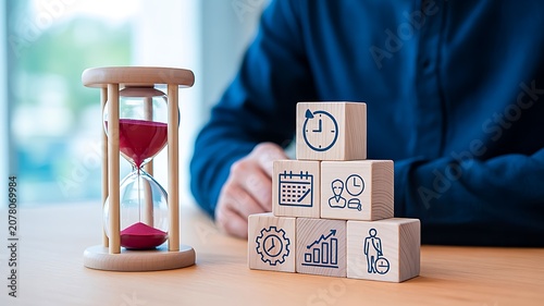 Hourglass and business blocks representing time management and planning concept