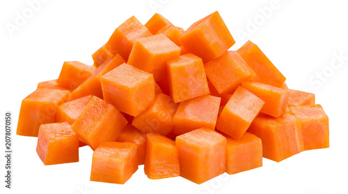 Fotografie Pile of diced fresh orange carrots, isolated on transparent background